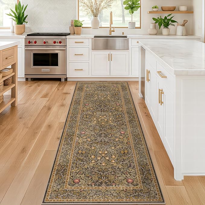 Non Slip 2x7 Gold Brown Runner Rugs - Washable Long Runner for Bathroom, Kitchen, Hallway, Indoor Floor Mat, Bedroom Bedside - Brown Earthy Vintage Floral Décor