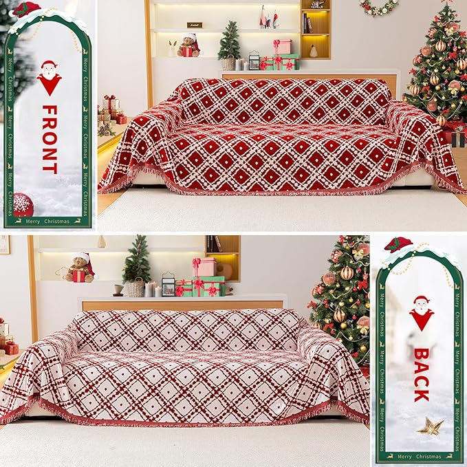 Reversible Couch Cover Blanket, Christmas Couch Cover, Chenille Sofa Covers Blanket, Christmas Sofa Covers Washable, 71"×71" Couch Covers for Recliner & Chair (1PC, Red, Single Seater)