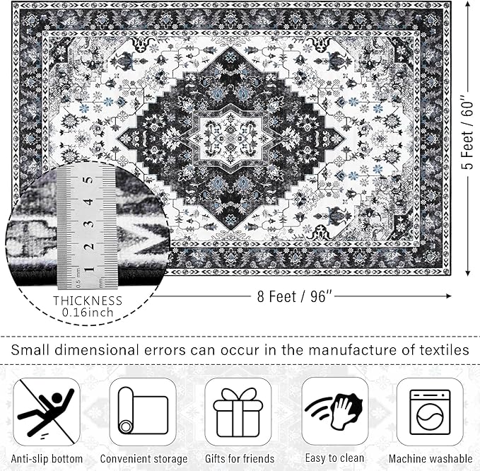 Amearea Vintage Design Area Rugs for Living Room, 5x8 Machine Washable Floral Collection Traditional Bedroom Rug, Low Pile Cute Kids Room Print Carpet, No Slip Office Kitchen Home Decor, Black