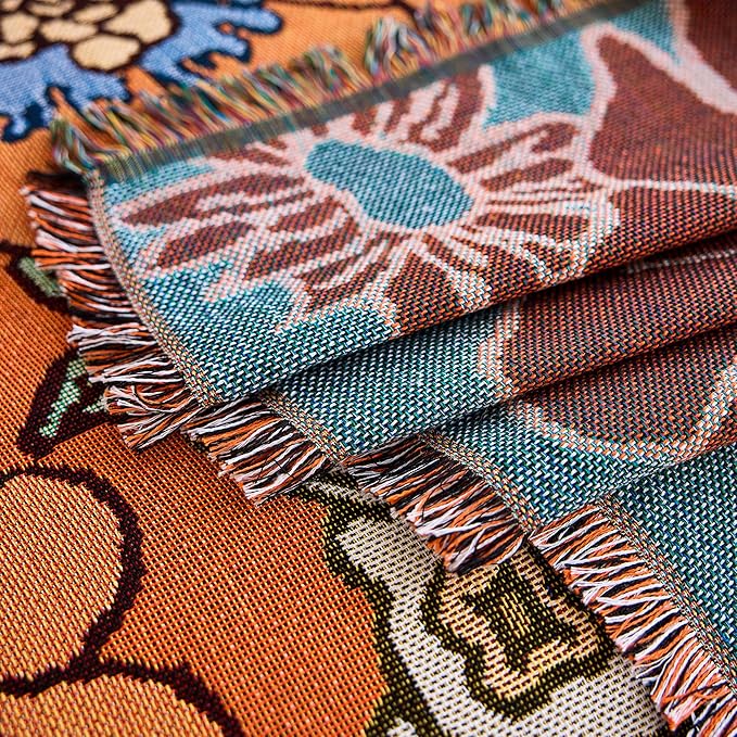VVANJOROY Boho Throw Blanket for Couch Cover, 100% Handwoven Cotton Southwestern Farmhouse Floral Decor Reversible Blanket, All Season Throw for Sofa Bed Tapestry Outdoor Camping Picnic. 51″×71″
