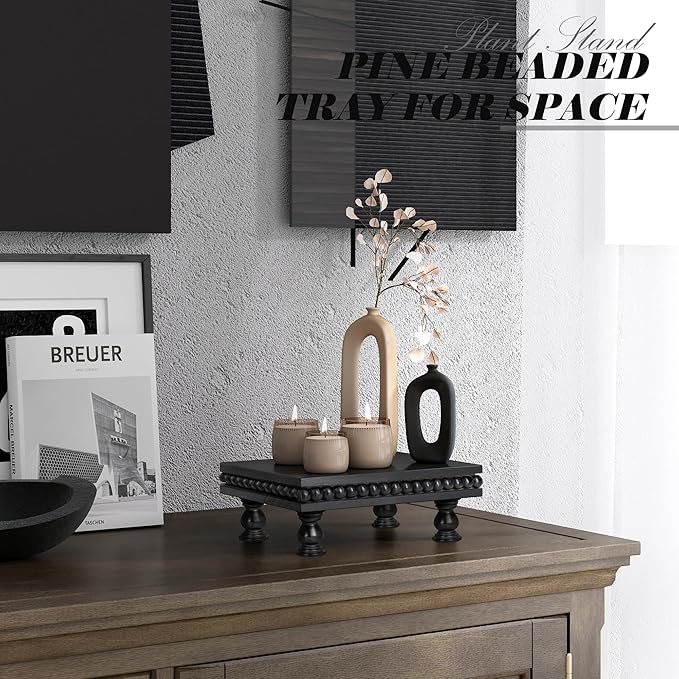 EOSAHR Pine Wood Display Riser for Room Decor – Farmhouse Pedestal Stand with Beaded Edge for Apartment Essentials, Small Plant Stand or Coffee Stand Accents – Perfect Modern Room Decor(Black)