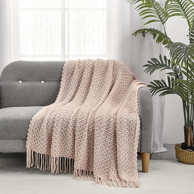 CREVENT Farmhouse Boho Knitted Throw Blanket for Couch Sofa Chair Bed Home Decoration, Soft Warm Cozy Light Weight for Spring Summer Fall (50''X60'' Blush Pink)