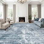 12x15 Washable Area Rug Blue/Grey Neutral Abstract Living Room Large Carpet Non Slip Bedroom Indoor Office Dining Room Low Pile Thin Rug