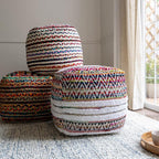 L. R. Resources, Inc. LR Home Multi/White Bohemian Chevron Hand-Made Cotton Blend Ottoman Pouf for Home Decor | Foot Rest for Bedroom & Living Room Decor | 18 x 18 x 18 Stuffed Ottoman for Seating