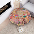 Rajasthani Handmade Colorful Decorative Floor Pillow Cover Meditation Patchwork Patchwork Cushion Seating Accent Boho Chic Indian Handmade Cover ONLY (Beige, 32X32 Inches)