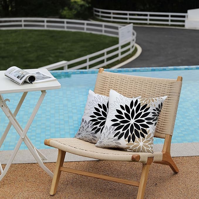 DFXSZ Black Brown Outdoor Pillow Covers 16x16 Inch Set of 2 White Gray Flower Throw Pillows Farmhouse Outdoor Modern Floral Polyester Square Cushion Case Decor for Patio Funiture Garden 002B16
