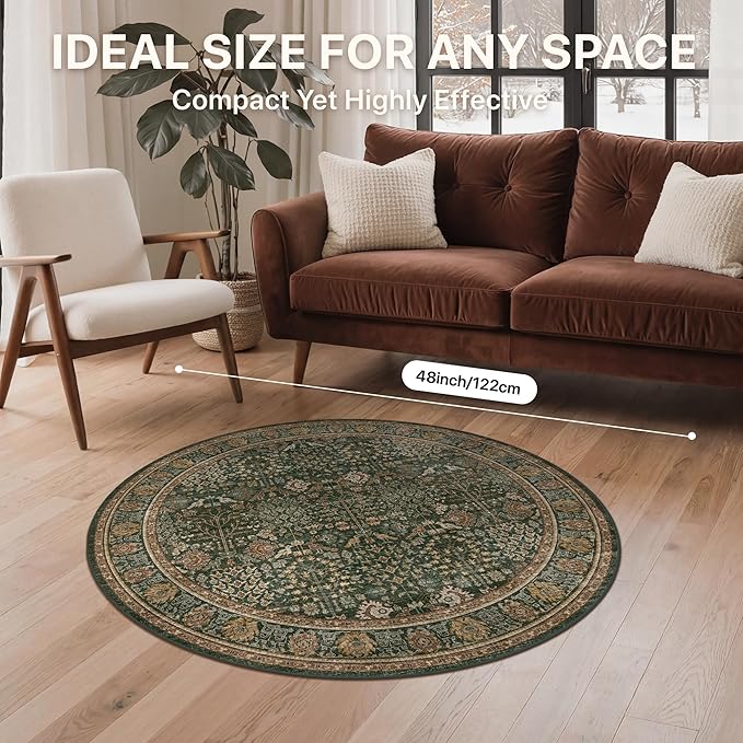 Bavni Round Rug 4ft-Machine Washable Area Rugs Non-Slip for Bedroom, 4x4 Vintage Floral Rug Distressed Throw Carpet for Living Room Nursery Kitchen Bathroom, Dark Green/Multi