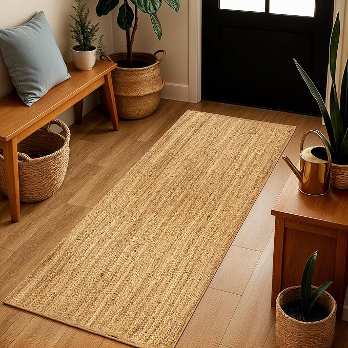 Jute Rug 2x6 Natural Runner Rug with Non-Slip Backing, Low-Profile Farmhouse Hallway Runner, Kithen Rug or Entryway Mat, Eco-Friendly 2x6 Runner for Boho Decor