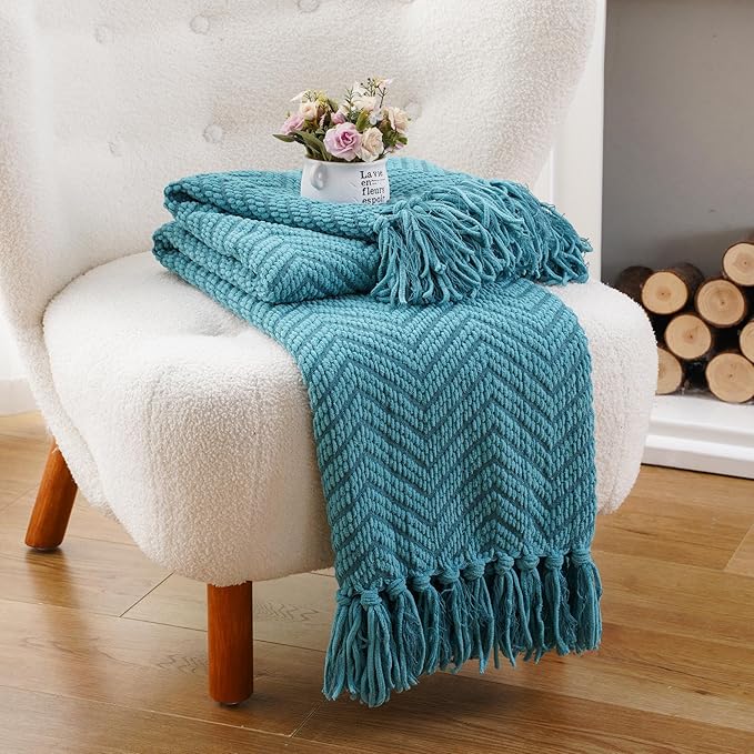 BATTILO HOME Teal Throw Blanket for Couch, Knit Woven Turquoise Blankets Versatile for Chair, Super Soft Warm Decorative Green Blanket with Tassels for Bed Sofa, 50"x60"