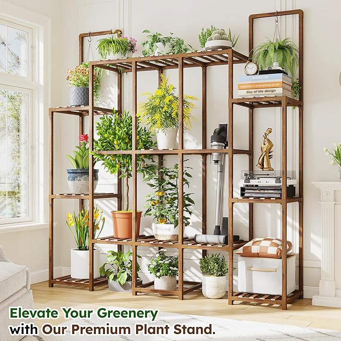 EnHomee 13 Tiers Plant Stand, Indoor Plant Stand with 18-22 Pots, Wood Plants Shelves for Living Room, Patio, Balcony, Yard, Garden, 56''W×11.6''D×47''H