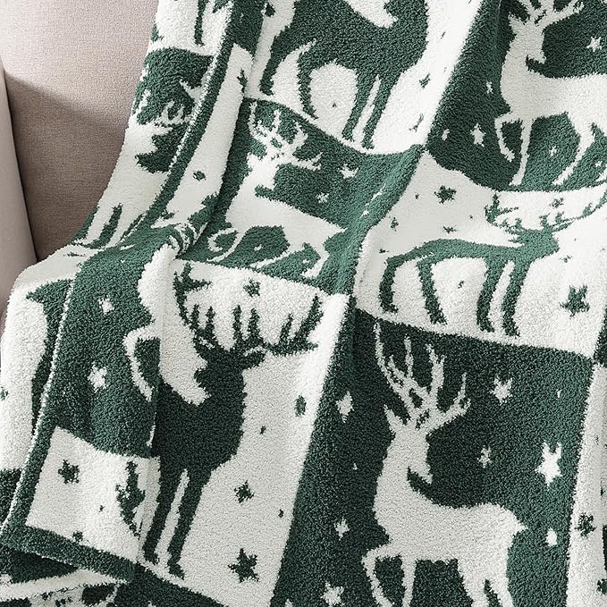 WRENSONGE Christmas Throw Blanket, Green Deer Pattern, Soft Cozy Fluffy Warm Throw Blankets for Couch, Sofa, Chair, Bed, Camping, Picnic, Travel Lightweight Bed Blanket - 50"*60"