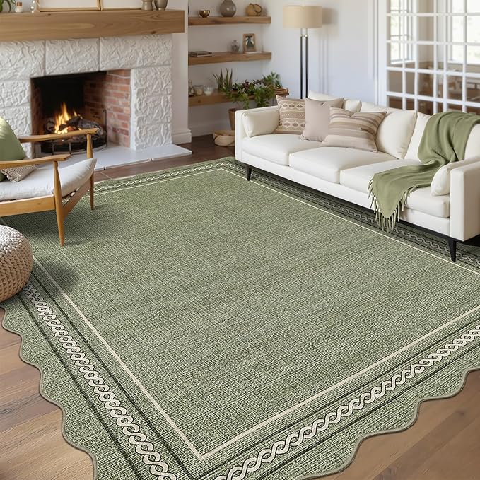 GarveeHome Washable Area Rugs 6x9 Scalloped Green Rug Non Slip Living Room Rug Soft Rugs for Bedroom Low Pile Stain Resistant Carpet for Nursery Dining Room Playroom, Green