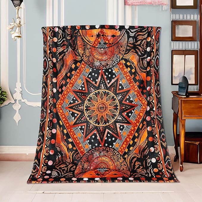 kampdream Orange Ceometric Art Throw Blanket, Hippie Abstract Sun and Moon Yellow Aesthetic Comforter Nap Throws for Couch Chair Bed Decor Comforter 68×90 inch