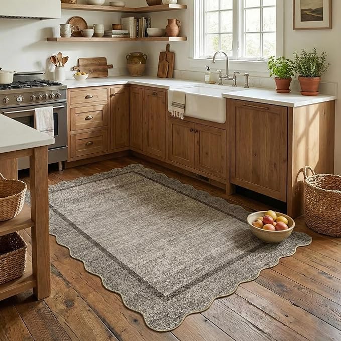 GarveeHome Scalloped Washable Rugs for Entryway 3x5 Rug Super Soft Entry Rug Non-Slip, Printed Faux Wool Floral 3x5 Area Rug Thin Floor Carpet for Kitchen, Bedroom, Office, Living Room, Brown