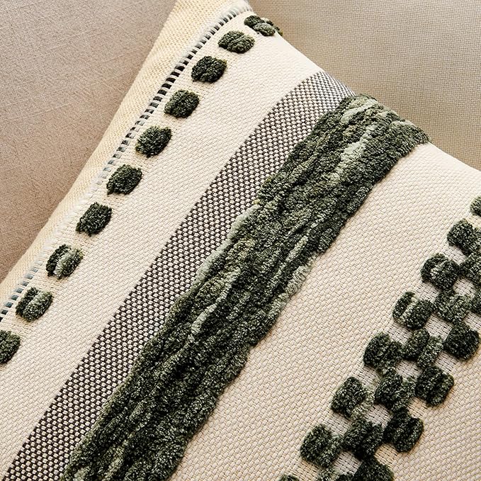 ANRODUO Pack of 1 Boho Decorative Throw Pillow Covers 18x18 Farmhouse Cushion Case Striped Chenille Pillow Cases Square Pillow Covers Accent Neutral Pillowcase for Sofa Couch Bed, Dark Green Stripe