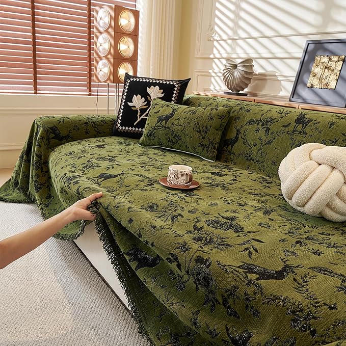 ROOMLIFE Green Couch Cover Sofa Covers, Chenille Couches Covers for 3 Cushion Sofas, Non Slip Soft Breathable Sofa Slipcovers for Pet, Washable Furniture Protector with Tassel,71''X134”
