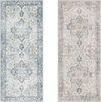 GENIMO 2.5x6 Reversible Runner Rugs for Hallway, Machine Washable Non Slip Vintage Rugs with Pad, Low Pile Lightweight Soft Print Rug for enrtyway, Corridor, Home, Office, Kitchen, Taupe & Blue