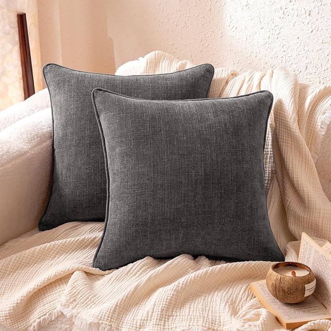 Amazon Basics Faux Linen Throw Pillow Covers with Hidden Zipper Closure, 20 × 20in, Dark Gray, Pack of 2