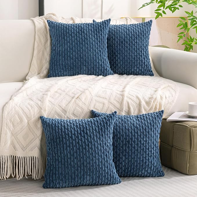 Set of 4 Blue Decorative Throw Pillow Covers 20x20 Inch Corduroy Pillow Covers for Bed Couch Sofa Living Room Soft Square Cushion Cases