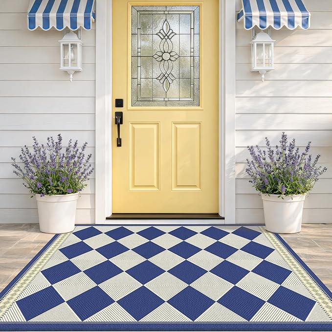Checkered Easy Jute 3x5 Navy Blue Indoor Outdoor Rugs for Entryway, Washable Non Slip Diamond Boho Coastal Rug for Porch, Modern Minimalist Front Door Mat, Kitchen, Bathroom and Balcony Carpet