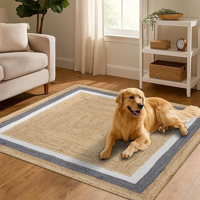 Handmade Jute Rug 4x4 ft – Natural Square Boho Rug for Living Room, Dining Area & Entryway, Hand Braided Eco-Friendly Jute Carpet for Small Spaces