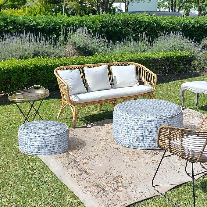 LVTXIII Outdoor Inflatable Ottoman Stool, Patio Water Repellent Footrest Stool with Handle, Portable Outside Round Ottoman for Patio Garden, Camping or Home Use, 21"x21"x9", Blue Pebble