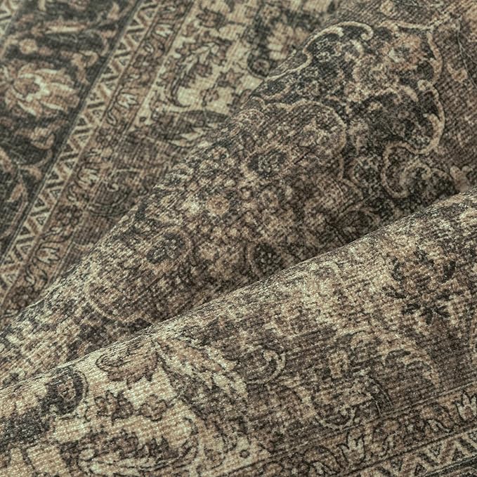 2x10 Washable Brown Runner Rug Vintage Hallway Kitchen Carpet Non-Slip Soft Low Pile Distressed Throw Rug for Bedroom Bathroom Laundry Living Room