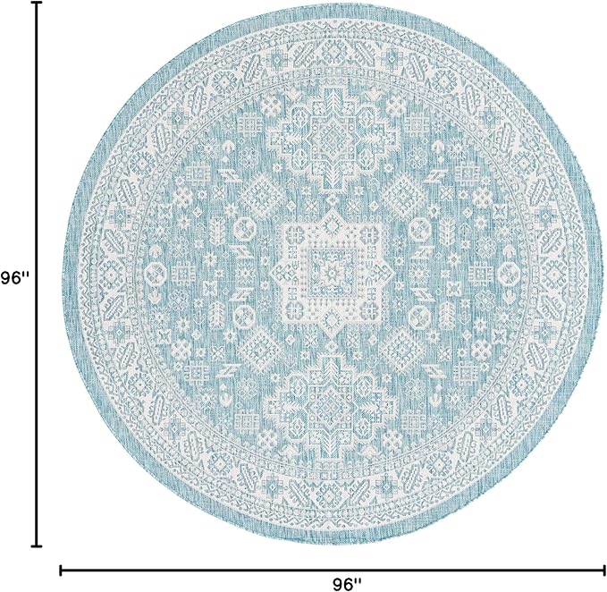 Rugs.com Outdoor Aztec Collection Rug – 8 Ft Round Aqua Flatweave Rug Perfect for Kitchens, Dining Rooms