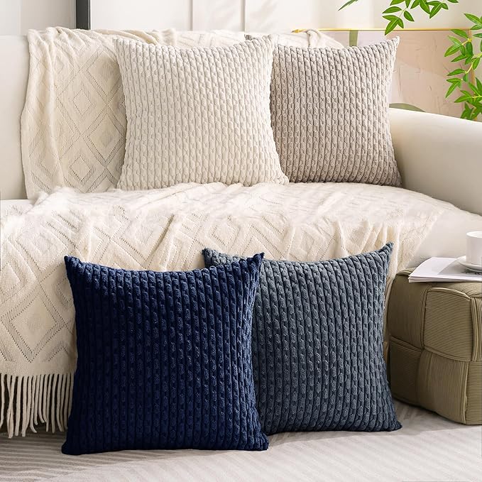 Set of 4 Navy White Taupe Decorative Throw Pillow Covers 24x24 Inch Corduroy Pillow Covers for Bed Couch Sofa Living Room Soft Square Cushion Cases