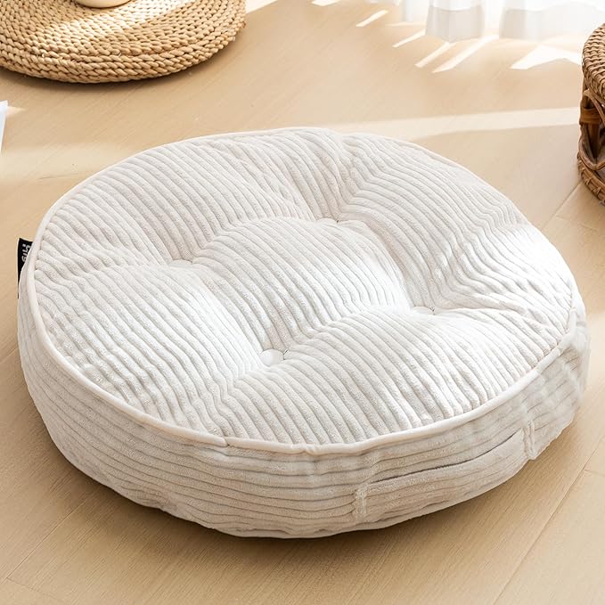 HIGOGOGO Floor Pillow Cushion for Adults, Meditation Cushion Pillow, Large Round Floor Sitting, Tufted Corduroy Cover, for Tatami Living Room or Yoga, 22x22 Inch, Beige