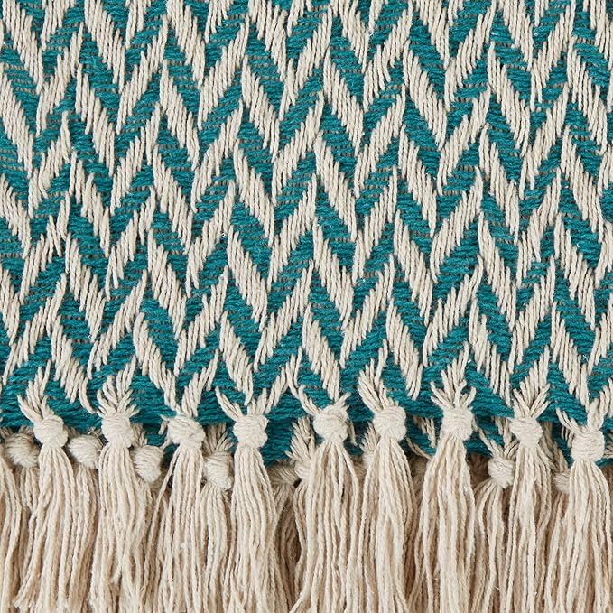 DII Modern Zig Zag Throw Blanket Woven Cotton, Hand-Knotted 2.5" Fringe, 50x60, Teal