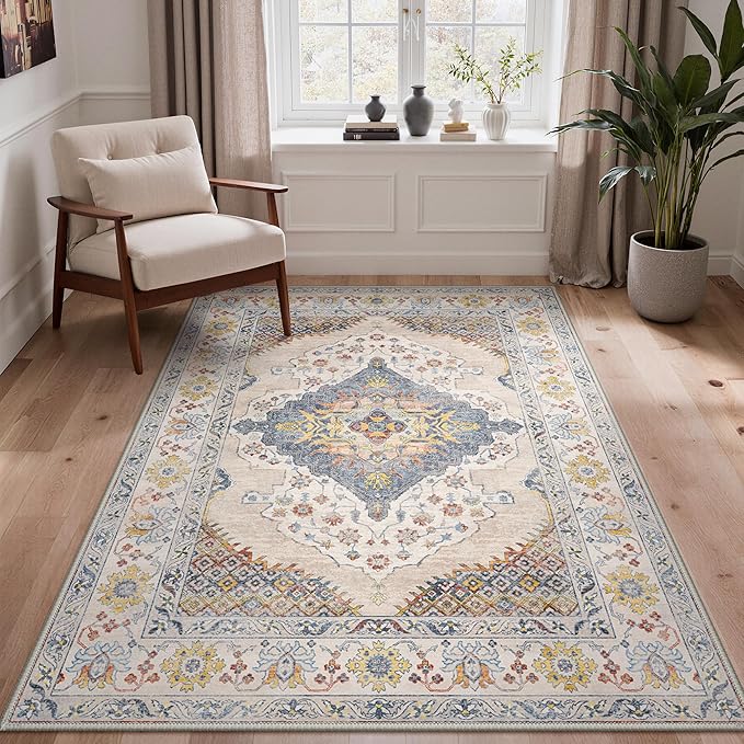 GENIMO 5x7 Area Rugs for Living Room, Machine Washable Non Slip Rugs, Low Pile Lightweight Print Rug for Bedroom, Dining Room, Home Office, Vintage Cream/Blue
