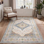 GENIMO 5x7 Area Rugs for Living Room, Machine Washable Non Slip Rugs, Low Pile Lightweight Print Rug for Bedroom, Dining Room, Home Office, Vintage Cream/Blue