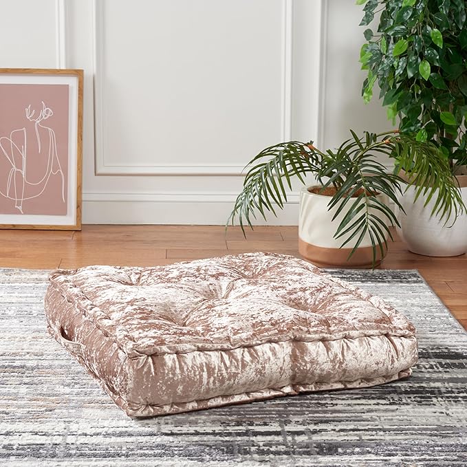 SAFAVIEH Home Collection Belia Champagne 18-inch Square Tufted Floor Pillow with Insert