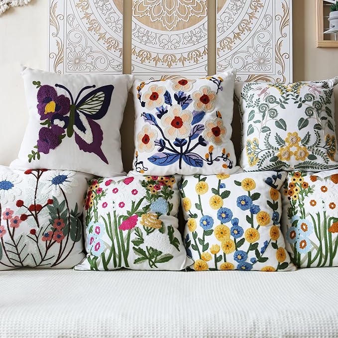 Embroidered Throw Pillow Cover Boho Floral Pillow Covers for Couch Sofa 3D Big Flowers Bohemian Pillow Covers Red Blue White Botanical Leaves 2PCS Pillowcase Covers 18x18 Inch