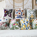 Embroidered Throw Pillow Cover, Linen Decorative Flowers Pillow Covers with Zipper for Couch Sofa Bed Living Bedroom, Pack of 2 Square Floral Pillowcase Covers with Patterned 18x18 Inch