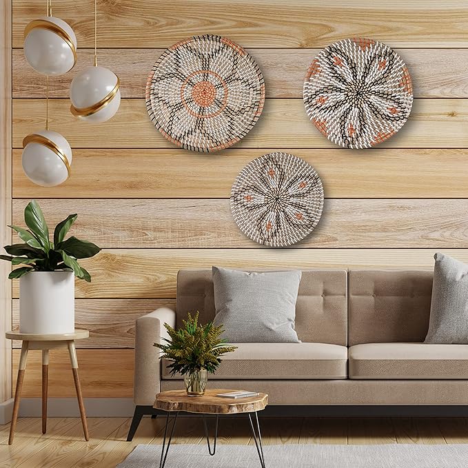 Clinton Calicep & Nicolea Woven Wall Basket Decor Set of 3 - Modern Boho Rustic Wicker Hanging Wall Baskets - Natural Decorative Storage for Bedroom, Kitchen, Living Room & Dining Room