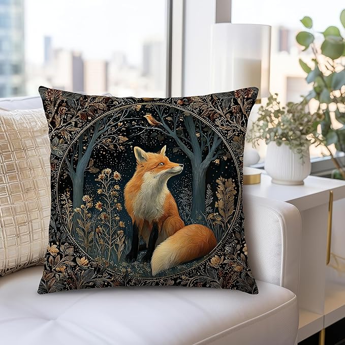 Dark Vintage William Morris Fox Floral Print Pillow Covers 18x18,Cottagecore Fox Decor,Dark Dcademia Animal Floral Decorative Throw Pillow Covers for Home Bedroom Living Room
