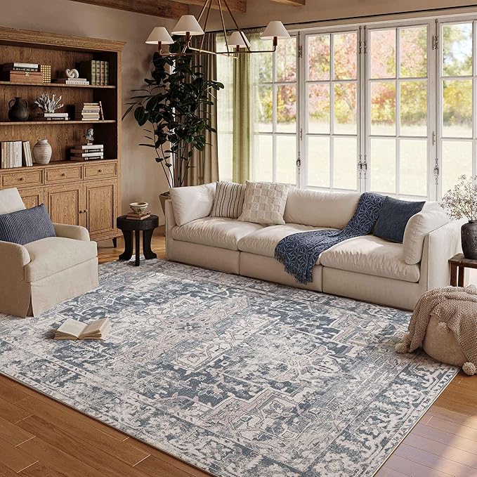 5x7 Area Rugs for Living Room Bedroom, Blue Washable Rug, Vintage Retro Boho Rug, Non Slip & Low Pile Faux Wool Thin Carpet for Indoor Dining Room and Kids Room(Blue 5x7ft)