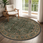 Bavni Round Rug 5ft-Machine Washable Area Rugs Non-Slip for Bedroom, 5x5 Vintage Floral Rug Distressed Throw Carpet for Living Room Nursery Kitchen Bathroom, Dark Green/Multi