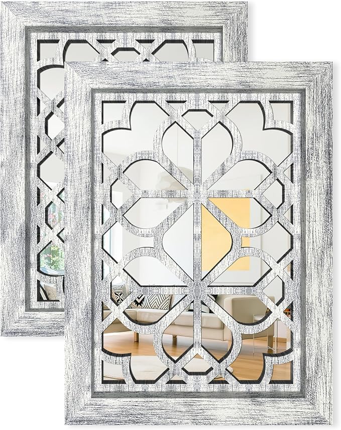 Set of 2 11x15 Inch Rectangular Shatterproof Grey Decorative Wall Mirrors, Boho Farmhouse Rustic Vintage Accent Mirrors for Living Room Bedroom Entryway & Home Decor