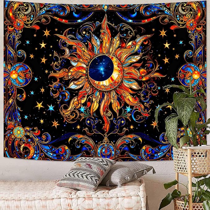 Spenlife Celestial Sun and Stars Tapestry Cosmic Tapestry for Bedroom Astral Tapestries Wall Hanging Bedroom Living Room Wall Art and Home Decor 70x90
