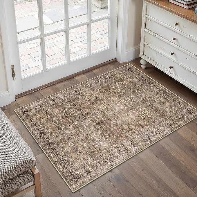 HUGEAR 2x3 Entryway Area Rug Vintage Brown Small Rug Machine Washable Door Mat Retro Floral Low Pile Carpet Vacuumable Distressed Throw Rug Entrance Kitchen Bathroom Bedroom Non Slip Lightweight