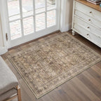 HUGEAR 2x3 Entryway Area Rug Vintage Brown Small Rug Machine Washable Door Mat Retro Floral Low Pile Carpet Vacuumable Distressed Throw Rug Entrance Kitchen Bathroom Bedroom Non Slip Lightweight