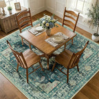 Area Rugs Square 7ft Washable Non-Slip, Floral Vintage Distress Print Pattern Medallion Carpet for Living Room Bedroom Dining Room, Dark Blue Vintage