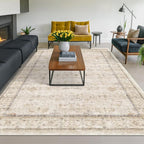 Washable Ivory Living Room Rug, 8x10 Non Slip Area Rugs for Bedroom, Dinning Room Under Table Low Pile Neutral Farmhouse Vintage Foldable Decor