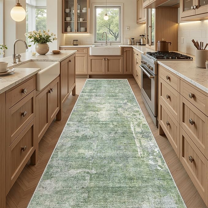 Washable Runner Rug, 2'6" x 8' Non-Slip Kitchen Vintage Foldable 2.5x8ft Hallway Runners for Entryway, Laundry, Bedroom, Green/Ivory