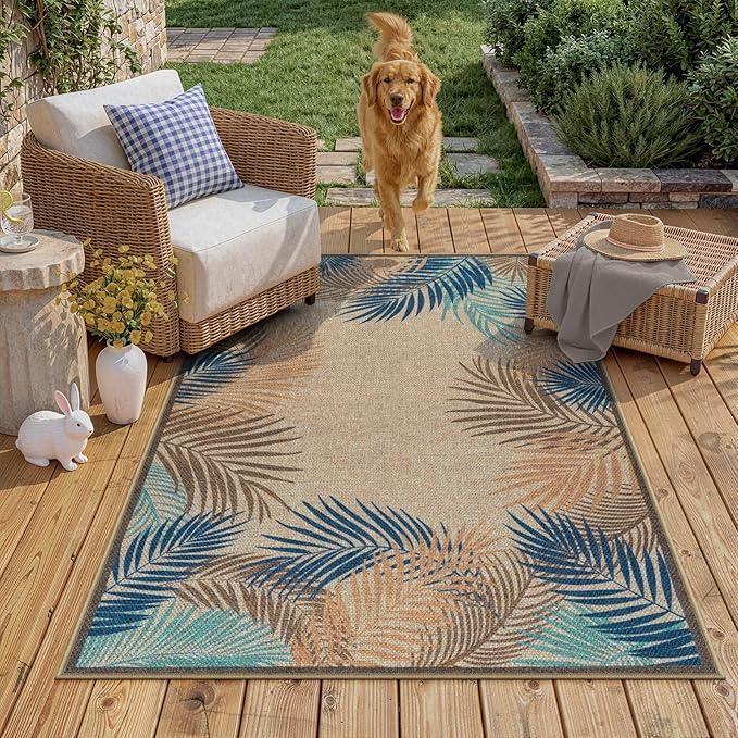 LIVEBOX Modern 3x5 Jute Outdoor Patio Rug, Washable Rugs for Entryway Porch, Tropical Leaf Boho Farmhouse Carpet, Non Slip Front Door Mat for Outdoor Indoor Entryway Guestroom Decor (Olive 3'x5')