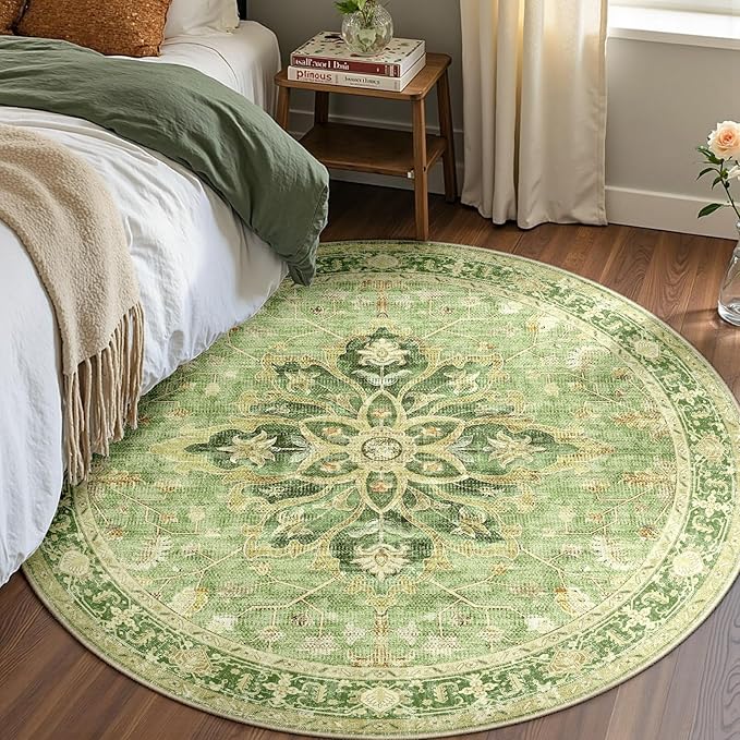 Area Rugs 5ft Washable Non-Slip, Floral Vintage Distress Print Pattern Medallion Carpet for Living Room Bedroom Dining Room, Sage Green Yellow