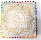 CRAFT KALA 24" Square Large Hippie Mandala Meditation Floor Ottoman Pillow Cushion Pouf Cover Square Poufs Bohemian Circle Floor Cushion Case Outdoor Fireplace Living Decor Cover White Gold Flower